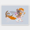 Team of playful animal heroes race together with capes and skates on a light blue background, from the Little Tails Collection by Urban Road.