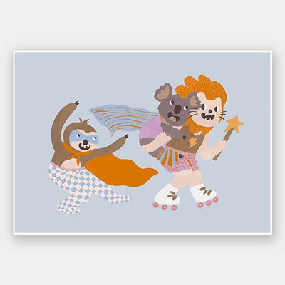 Team of playful animal heroes race together with capes and skates on a light blue background, from the Little Tails Collection by Urban Road.
