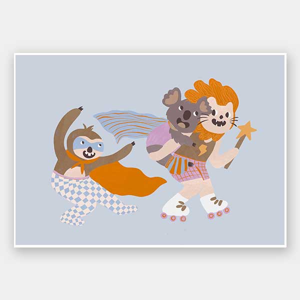 Team of playful animal heroes race together with capes and skates on a light blue background, from the Little Tails Collection by Urban Road.