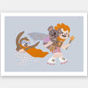 Team of playful animal heroes race together with capes and skates on a light blue background, from the Little Tails Collection by Urban Road.