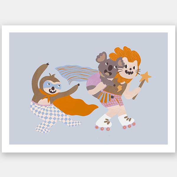 Team of playful animal heroes race together with capes and skates on a light blue background, from the Little Tails Collection by Urban Road.