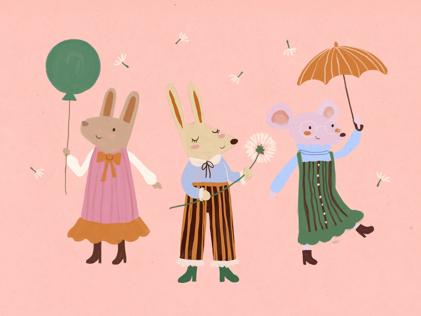 Two rabbits and a mouse parade with a balloon and umbrella across a pink backdrop, from the Little Tails Collection by Urban Road.