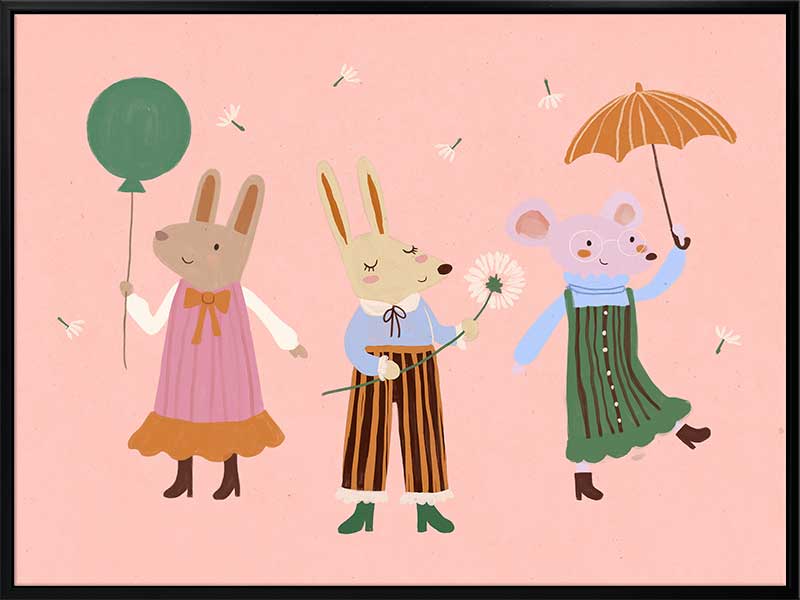 Two rabbits and a mouse parade with a balloon and umbrella across a pink backdrop, from the Little Tails Collection by Urban Road.
