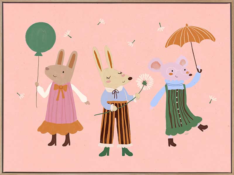 Two rabbits and a mouse parade with a balloon and umbrella across a pink backdrop, from the Little Tails Collection by Urban Road.