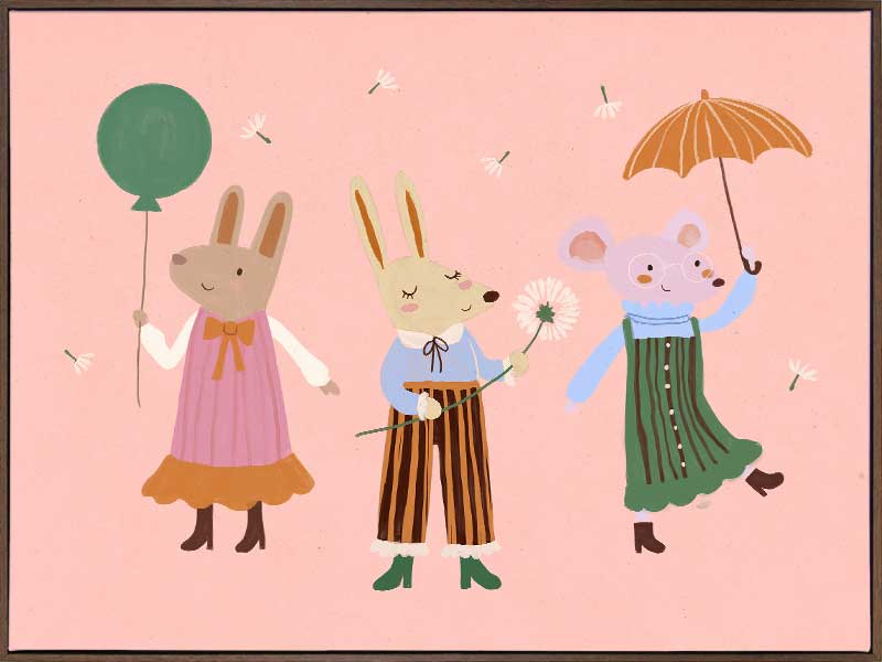 Two rabbits and a mouse parade with a balloon and umbrella across a pink backdrop, from the Little Tails Collection by Urban Road.