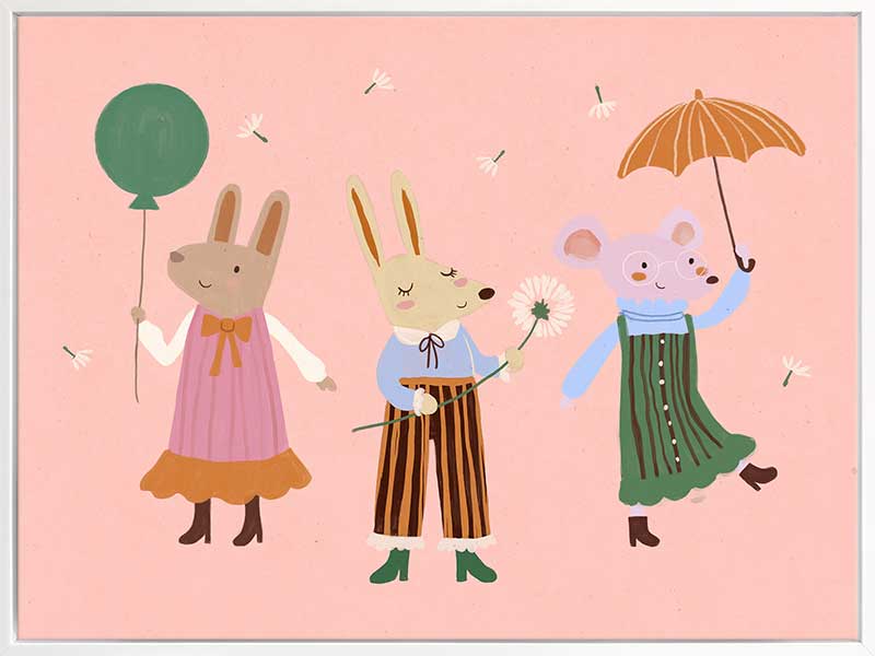 Two rabbits and a mouse parade with a balloon and umbrella across a pink backdrop, from the Little Tails Collection by Urban Road.