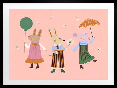 Two rabbits and a mouse parade with a balloon and umbrella across a pink backdrop, from the Little Tails Collection by Urban Road.