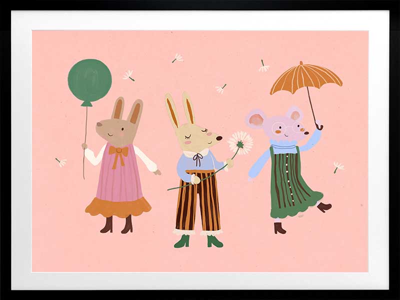 Two rabbits and a mouse parade with a balloon and umbrella across a pink backdrop, from the Little Tails Collection by Urban Road.