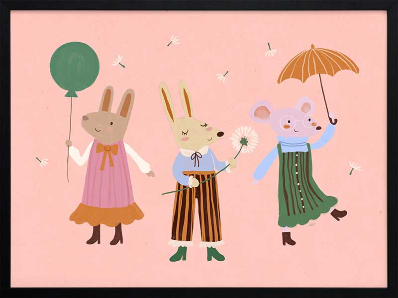 Two rabbits and a mouse parade with a balloon and umbrella across a pink backdrop, from the Little Tails Collection by Urban Road.