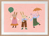 Two rabbits and a mouse parade with a balloon and umbrella across a pink backdrop, from the Little Tails Collection by Urban Road.