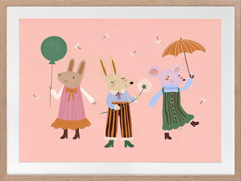 Two rabbits and a mouse parade with a balloon and umbrella across a pink backdrop, from the Little Tails Collection by Urban Road.