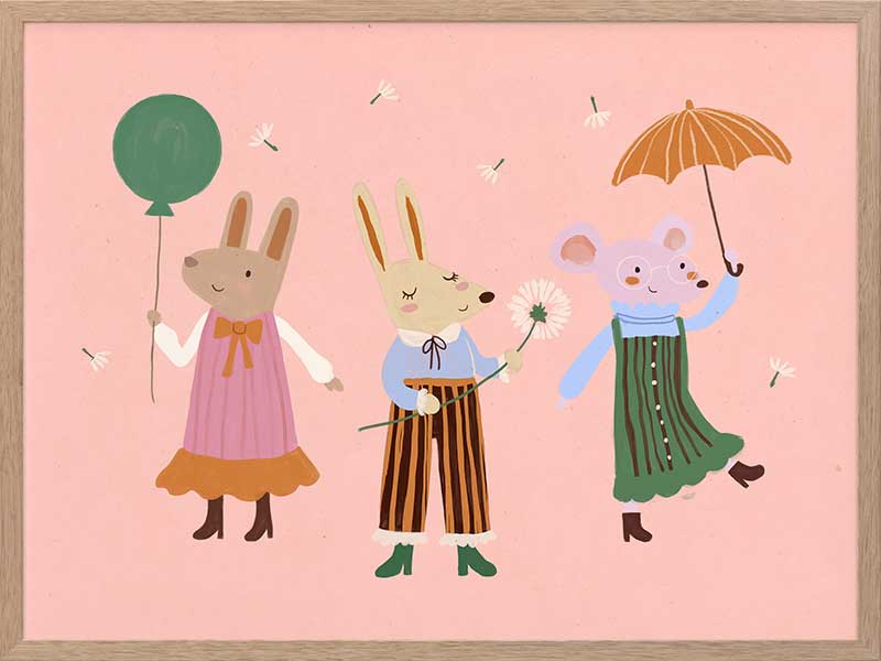Two rabbits and a mouse parade with a balloon and umbrella across a pink backdrop, from the Little Tails Collection by Urban Road.