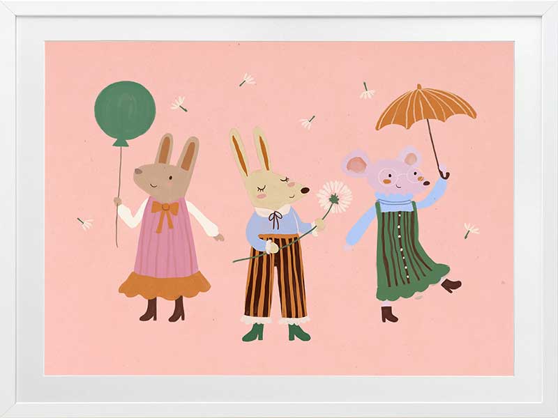 Two rabbits and a mouse parade with a balloon and umbrella across a pink backdrop, from the Little Tails Collection by Urban Road.
