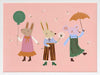 Two rabbits and a mouse parade with a balloon and umbrella across a pink backdrop, from the Little Tails Collection by Urban Road.