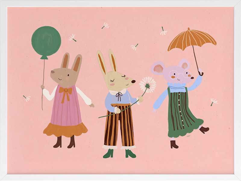 Two rabbits and a mouse parade with a balloon and umbrella across a pink backdrop, from the Little Tails Collection by Urban Road.