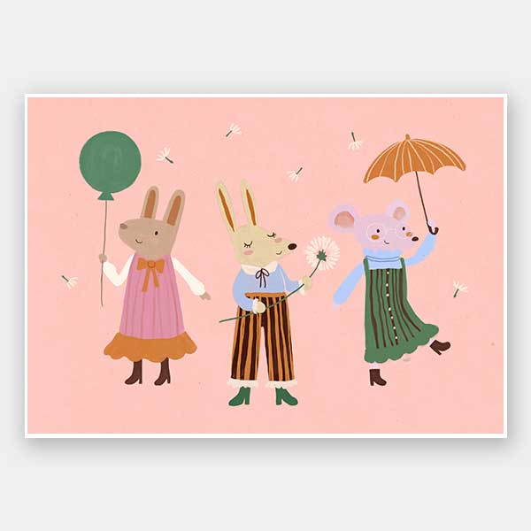 Two rabbits and a mouse parade with a balloon and umbrella across a pink backdrop, from the Little Tails Collection by Urban Road.