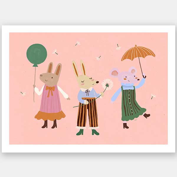 Two rabbits and a mouse parade with a balloon and umbrella across a pink backdrop, from the Little Tails Collection by Urban Road.