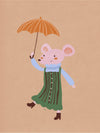 Little mouse in a green striped dress tiptoes with an umbrella in a gentle shower on warm brown, from the Little Tails Collection by Urban Road.