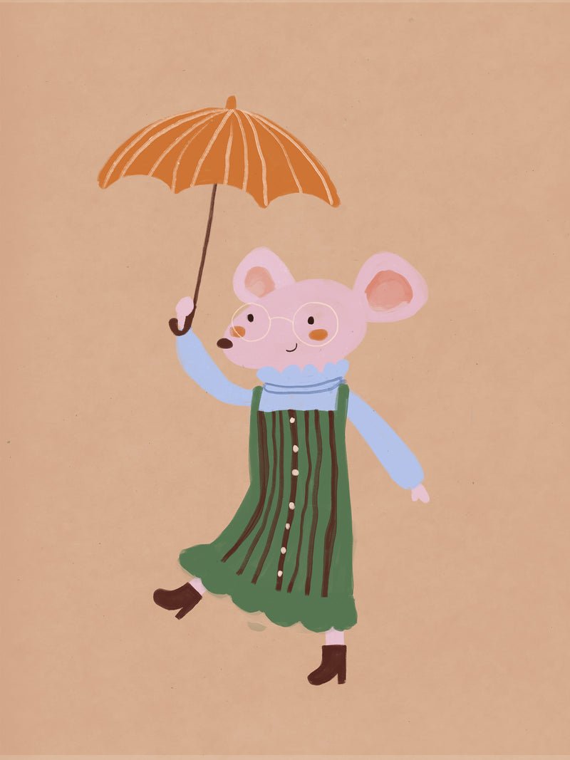 Little mouse in a green striped dress tiptoes with an umbrella in a gentle shower on warm brown, from the Little Tails Collection by Urban Road.