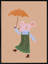 Little mouse in a green striped dress tiptoes with an umbrella in a gentle shower on warm brown, from the Little Tails Collection by Urban Road.