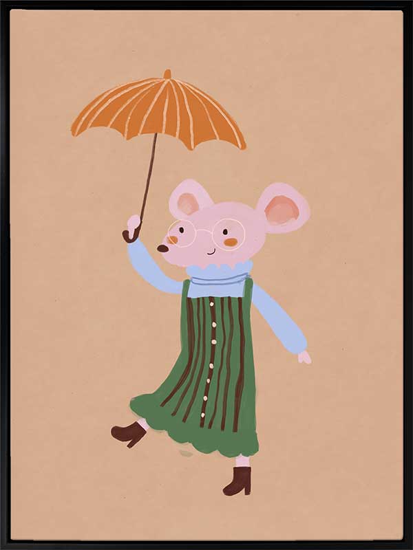 Little mouse in a green striped dress tiptoes with an umbrella in a gentle shower on warm brown, from the Little Tails Collection by Urban Road.
