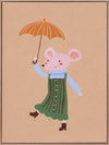 Little mouse in a green striped dress tiptoes with an umbrella in a gentle shower on warm brown, from the Little Tails Collection by Urban Road.
