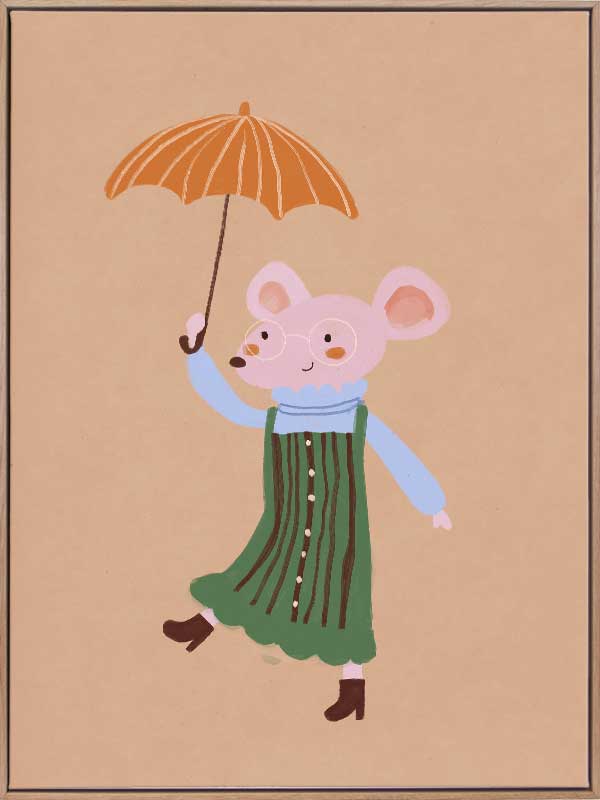 Little mouse in a green striped dress tiptoes with an umbrella in a gentle shower on warm brown, from the Little Tails Collection by Urban Road.