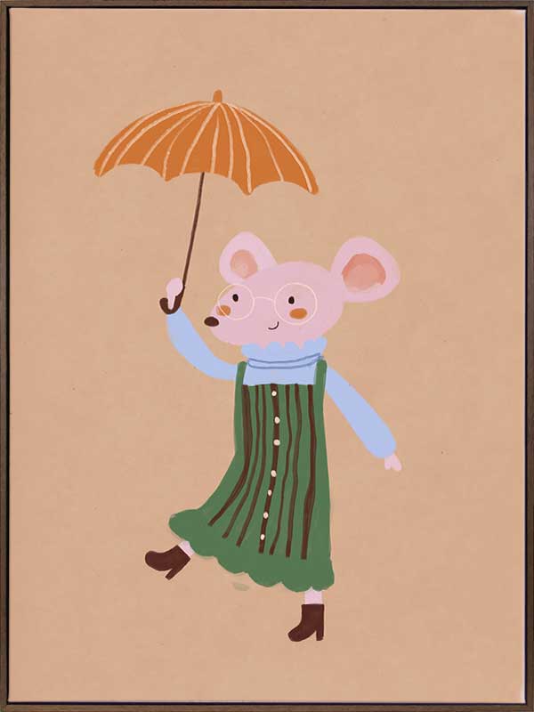 Little mouse in a green striped dress tiptoes with an umbrella in a gentle shower on warm brown, from the Little Tails Collection by Urban Road.