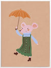 Little mouse in a green striped dress tiptoes with an umbrella in a gentle shower on warm brown, from the Little Tails Collection by Urban Road.