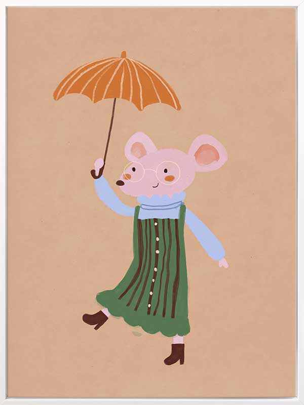 Little mouse in a green striped dress tiptoes with an umbrella in a gentle shower on warm brown, from the Little Tails Collection by Urban Road.