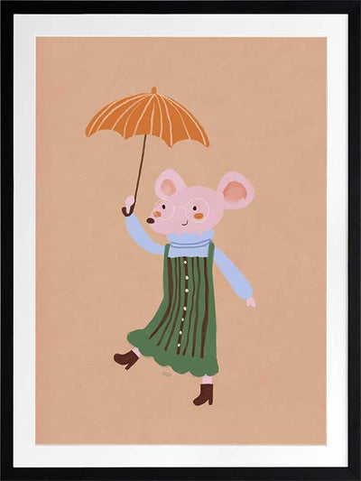 Little mouse in a green striped dress tiptoes with an umbrella in a gentle shower on warm brown, from the Little Tails Collection by Urban Road.