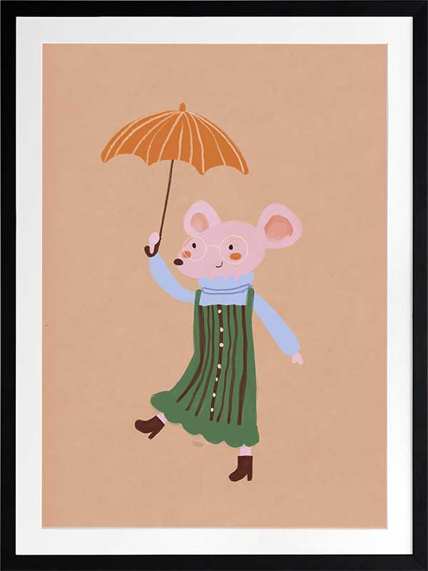 Little mouse in a green striped dress tiptoes with an umbrella in a gentle shower on warm brown, from the Little Tails Collection by Urban Road.