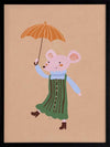 Little mouse in a green striped dress tiptoes with an umbrella in a gentle shower on warm brown, from the Little Tails Collection by Urban Road.