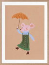 Little mouse in a green striped dress tiptoes with an umbrella in a gentle shower on warm brown, from the Little Tails Collection by Urban Road.