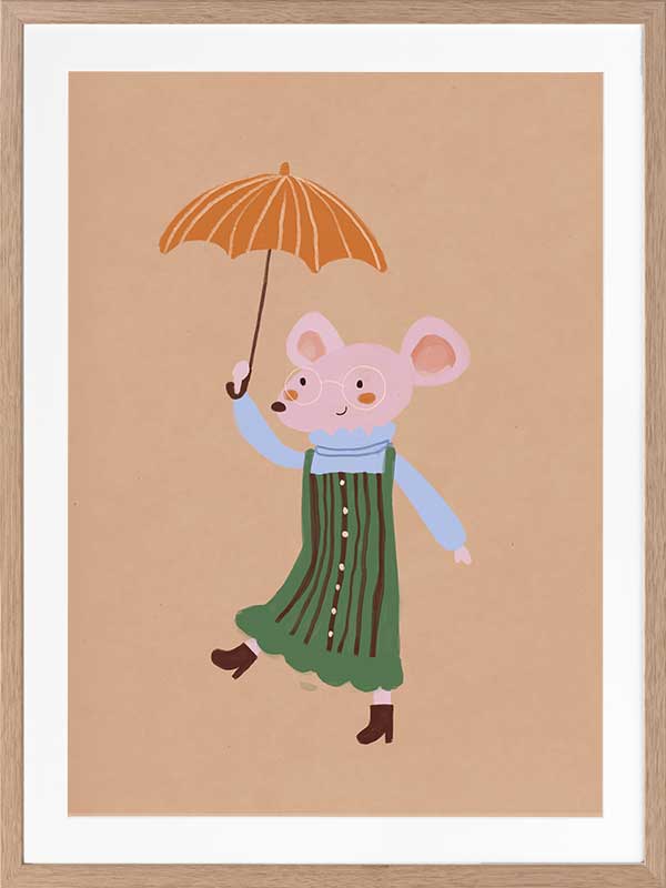 Little mouse in a green striped dress tiptoes with an umbrella in a gentle shower on warm brown, from the Little Tails Collection by Urban Road.