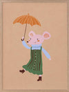 Little mouse in a green striped dress tiptoes with an umbrella in a gentle shower on warm brown, from the Little Tails Collection by Urban Road.