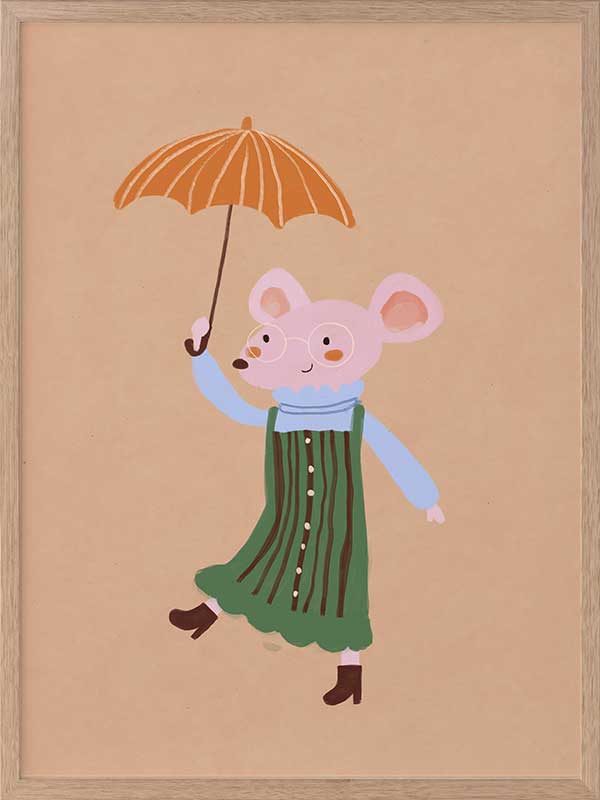 Little mouse in a green striped dress tiptoes with an umbrella in a gentle shower on warm brown, from the Little Tails Collection by Urban Road.