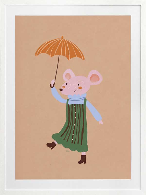 Little mouse in a green striped dress tiptoes with an umbrella in a gentle shower on warm brown, from the Little Tails Collection by Urban Road.