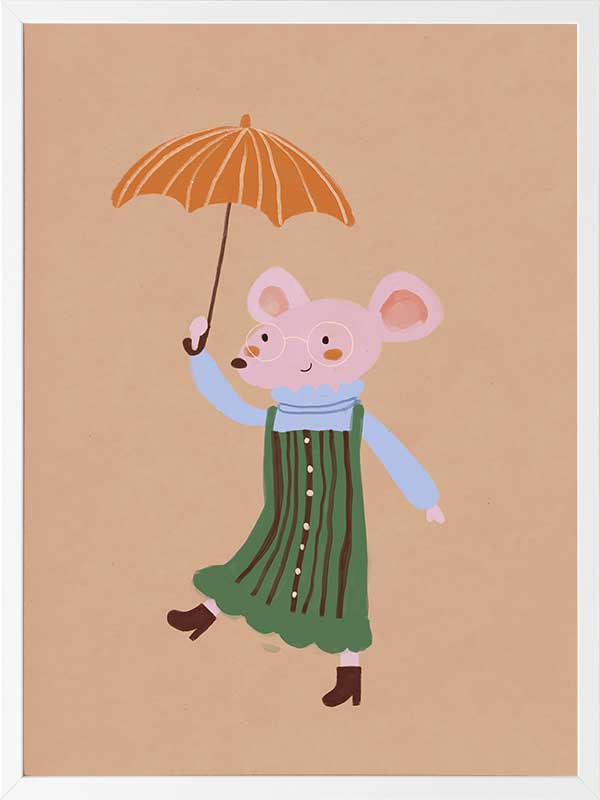 Little mouse in a green striped dress tiptoes with an umbrella in a gentle shower on warm brown, from the Little Tails Collection by Urban Road.
