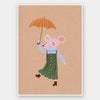 Little mouse in a green striped dress tiptoes with an umbrella in a gentle shower on warm brown, from the Little Tails Collection by Urban Road.