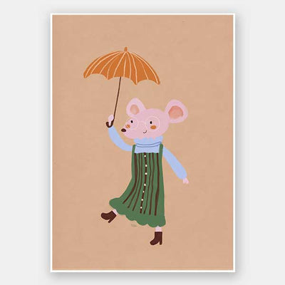 Little mouse in a green striped dress tiptoes with an umbrella in a gentle shower on warm brown, from the Little Tails Collection by Urban Road.