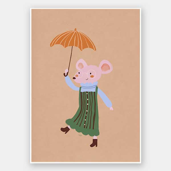 Little mouse in a green striped dress tiptoes with an umbrella in a gentle shower on warm brown, from the Little Tails Collection by Urban Road.