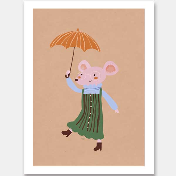 Little mouse in a green striped dress tiptoes with an umbrella in a gentle shower on warm brown, from the Little Tails Collection by Urban Road.
