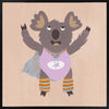 Cheerful koala in a lilac superhero outfit with a cape and striped leggings on warm beige, from the Little Tails Collection by Urban Road.
