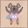 Cheerful koala in a lilac superhero outfit with a cape and striped leggings on warm beige, from the Little Tails Collection by Urban Road.
