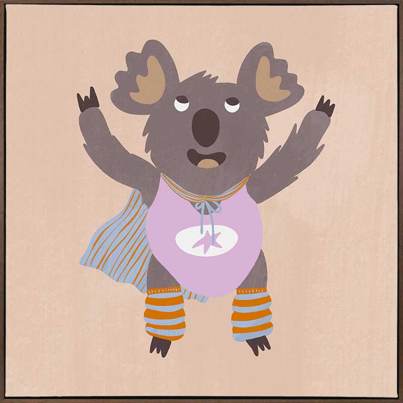 Cheerful koala in a lilac superhero outfit with a cape and striped leggings on warm beige, from the Little Tails Collection by Urban Road.