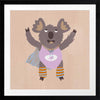 Cheerful koala in a lilac superhero outfit with a cape and striped leggings on warm beige, from the Little Tails Collection by Urban Road.