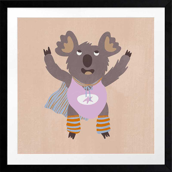 Cheerful koala in a lilac superhero outfit with a cape and striped leggings on warm beige, from the Little Tails Collection by Urban Road.
