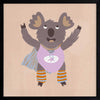 Cheerful koala in a lilac superhero outfit with a cape and striped leggings on warm beige, from the Little Tails Collection by Urban Road.