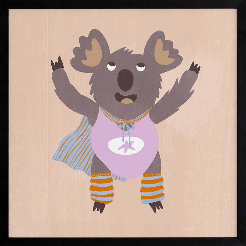 Cheerful koala in a lilac superhero outfit with a cape and striped leggings on warm beige, from the Little Tails Collection by Urban Road.
